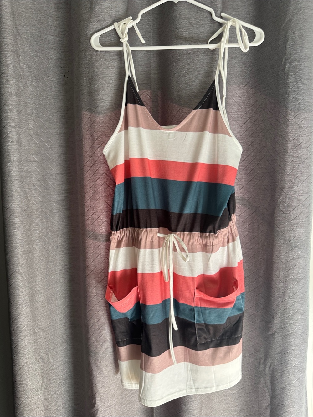 Striped Tie-Shoulder Mini Dress in Coral, Teal & White